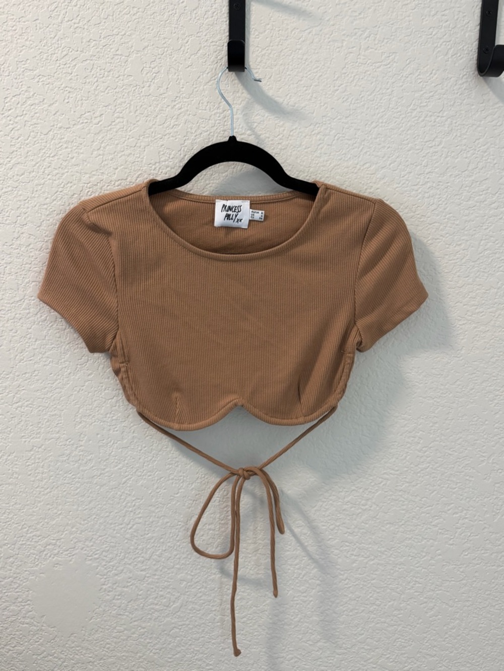 Princess Polly Camel Ribbed Tie-Front Scallop Crop Top